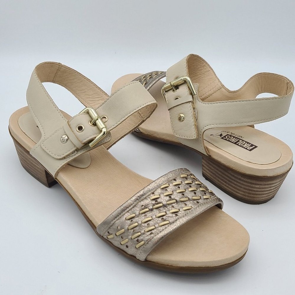Pikolinos Sandal Womens metallic platinum beige leather buckle heel sz 10.5 41